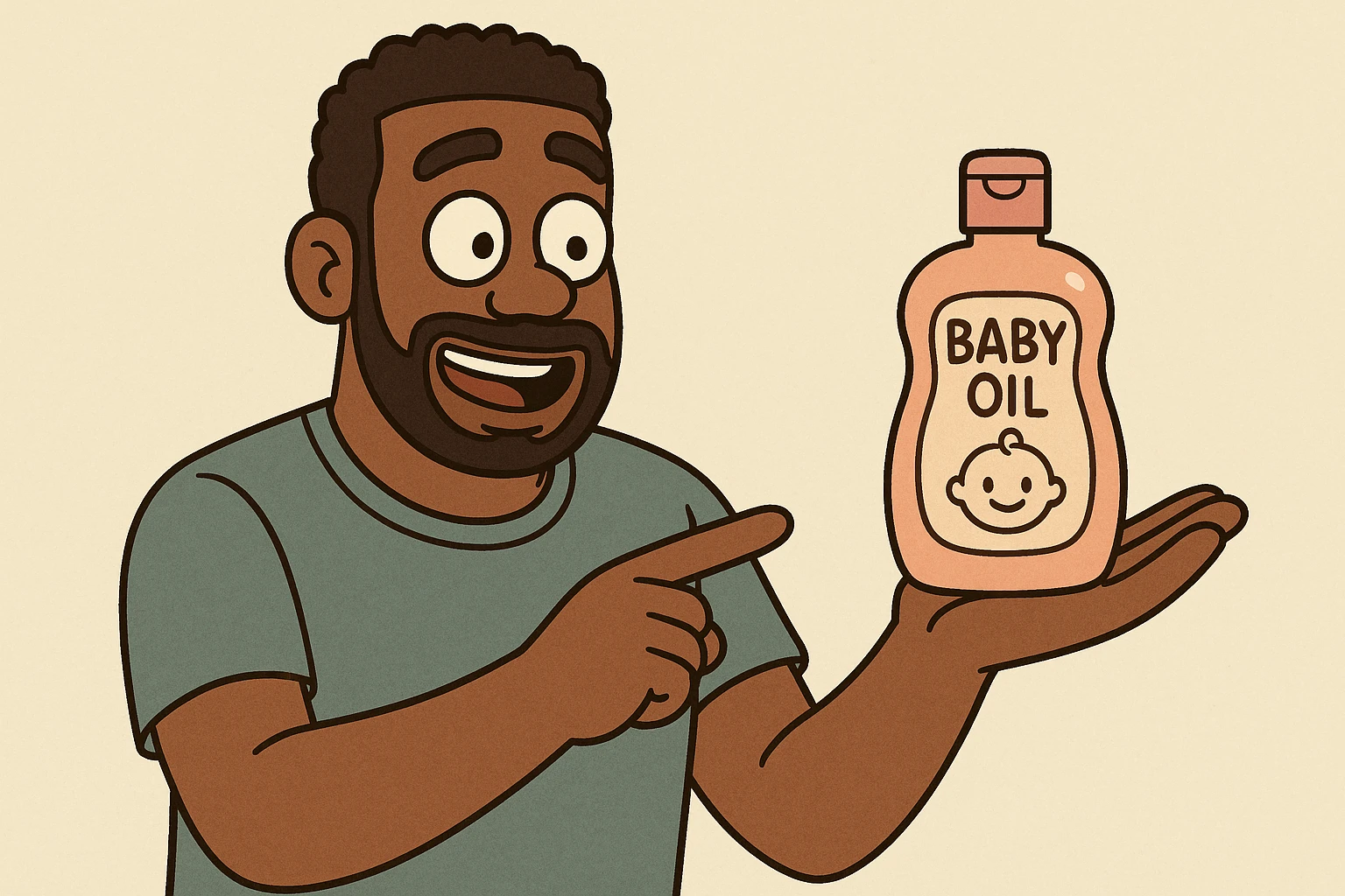 A Black man presenting baby oil, cartoon style, casual clothing, soft colors, inviting atmosphere emoji