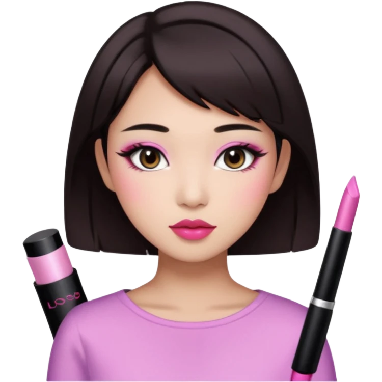 asian girl with short dark brown hair and dark brown eyes with a soft girl pink glowup aesthetic emoji