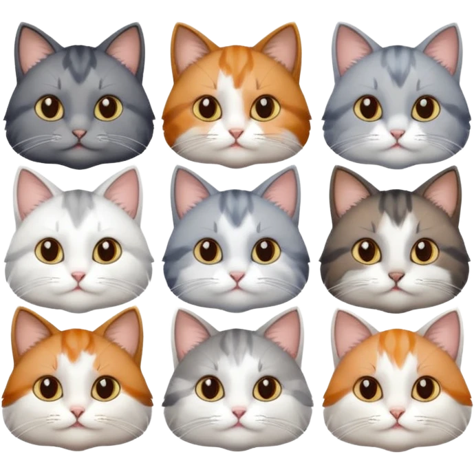6 realistic looking cats with different natural coloured coats, assorted grey and white, greys, calico, brown and white colours etc
 emoji