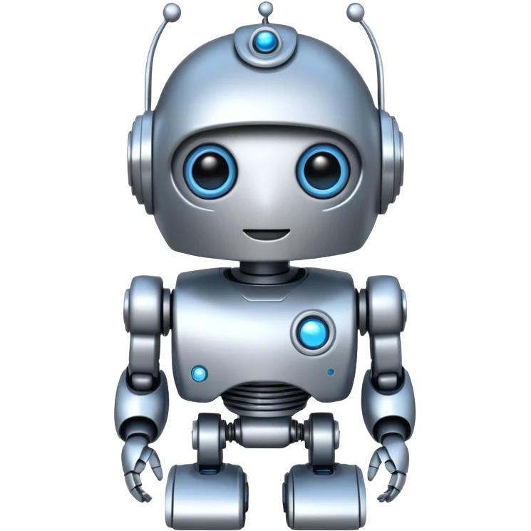 Mini robot, with blue eyes and elements, and silver emoji