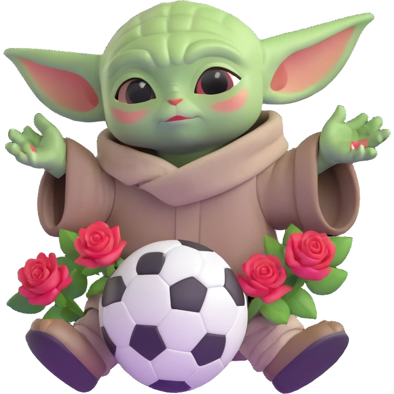 baby yoda kicking a soccer ball with small roses beside him emoji