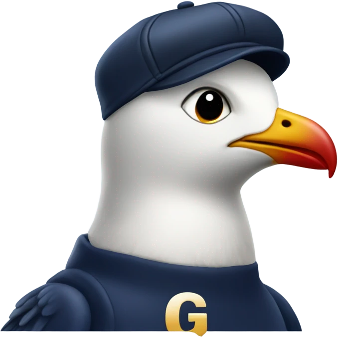 Seagull with wearing navy ballcap emblazoned with a red G initial emoji