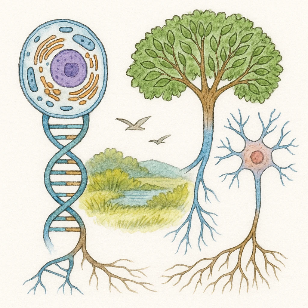 A realistic biological illustration (like in a school book) showing: DNA strands transitioning into a tree, cells with visible organelles, neurons connected to plant roots  and a balanced ecosystem background . Seamless integration, no labels or borders, white background, detailed but minimalist.  emoji