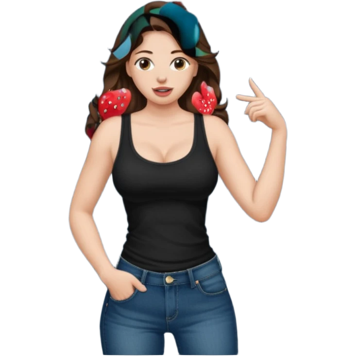 Medium length wavy Brown hair. Very Large boobs. Black tanktop. Side profile. Tongue. Hand on man's jeans emoji