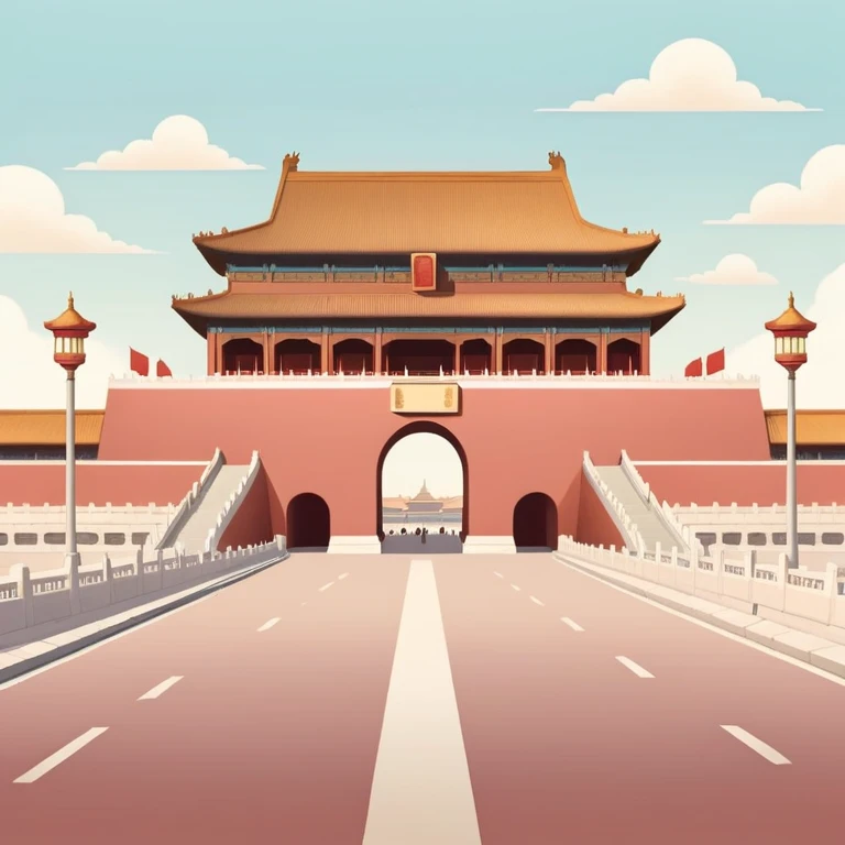 Tiananmen Square in Beijing with traditional Chinese architecture gate, sunny day, travel landmark illustration, soft pastel colors, gentle color palette, muted tones, not vibrant emoji
