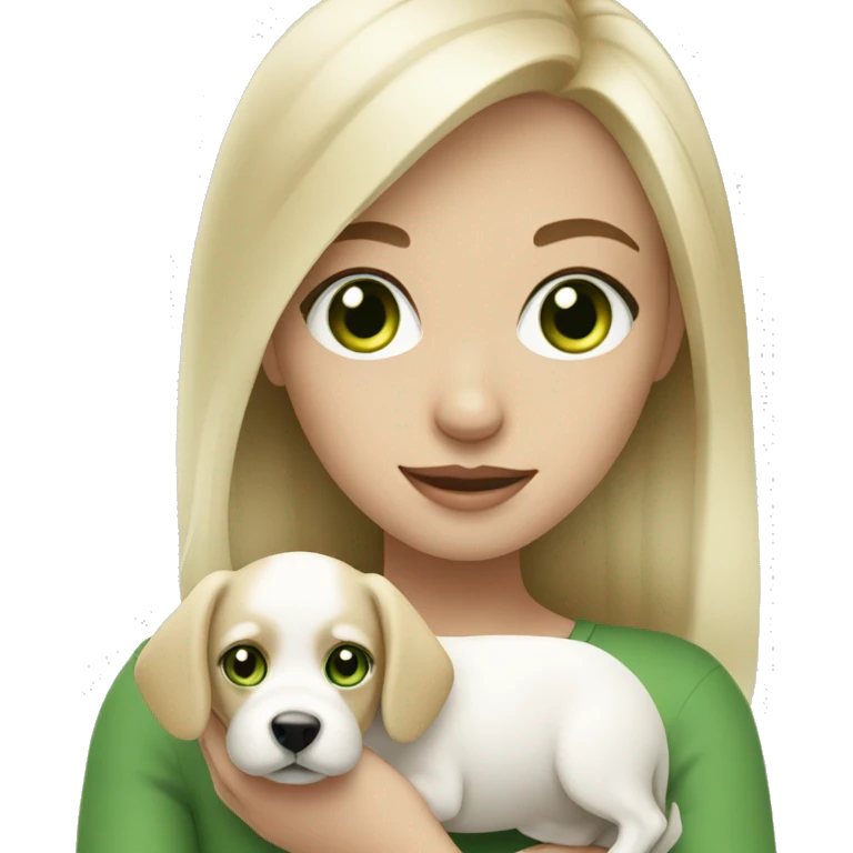 white blonde girl with green eyes holding white small dog emoji
