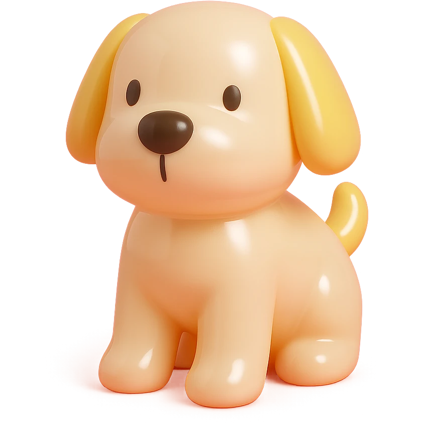               Transform {subject} into a soft vinyl figure with a smooth, glossy surface. The material should look slightly rubbery and tactile, with minimalistic curves and a matte-gloss hybrid finish. Use pastel or soft solid colors. The surface is seamless, with no visible textures or roughness. Studio lighting, vibrant background, clean, playful, designer toy aesthetic and no shadows. {subject} = dog emoji
