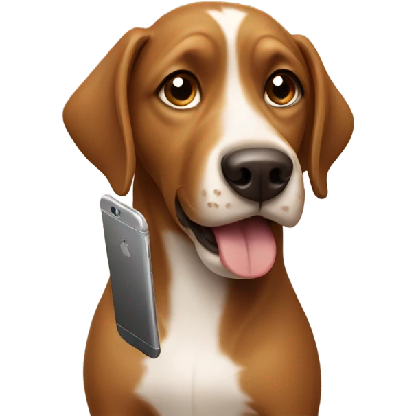 A Brown dog eating a phone emoji