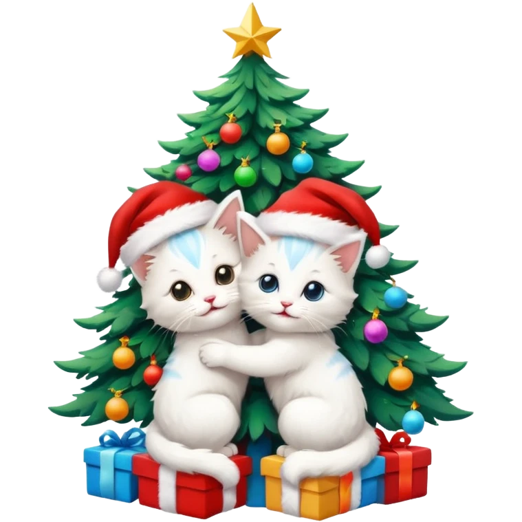 two hugging white happy fluffy cute kittens with Santa hats by a colorful multicolored bright little up Christmas tree emoji