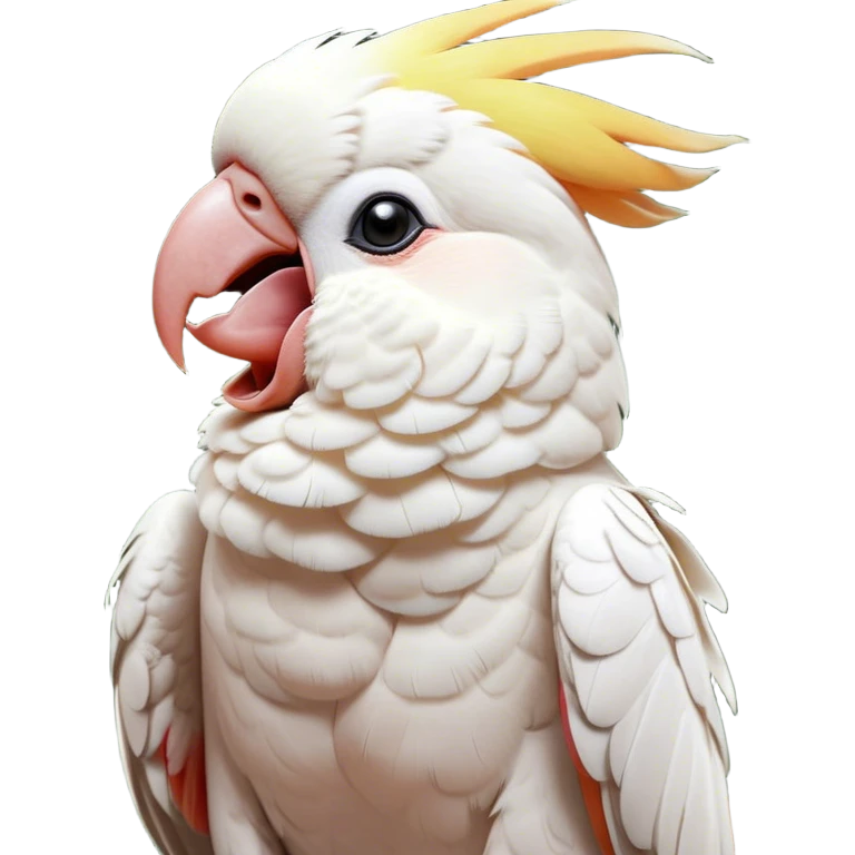 Cinematic Cute Yawning Cockatoo Portrait Emoji, Head tilted slightly with a dramatic, wide-open yawn, showcasing a plump, feathered body with a softly drooping crest and sleepy, half-closed eyes, Simplified yet irresistibly adorable features, highly detailed, glowing with a soft, cozy tropical glow, high shine, relaxed yet expressive, stylized with a dash of whimsical avian charm, soft glowing outline, capturing the essence of a drowsy yet affectionate cockatoo that appears ready to stretch out and yawn its way off the screen! emoji