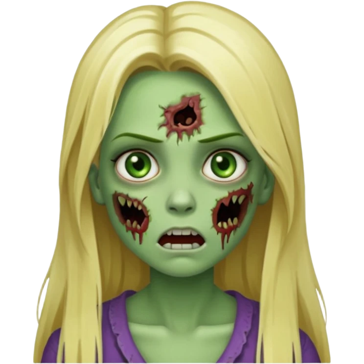 girl zombie with blonde straight long hair green skin and with no angry face and with the mouth closed emoji