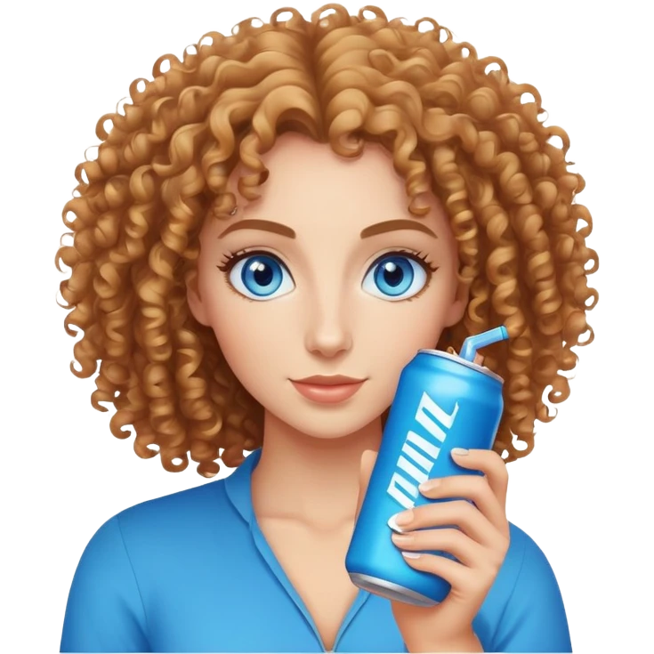 Curly haired, Blue eyed woman holding an alani energy drink can emoji