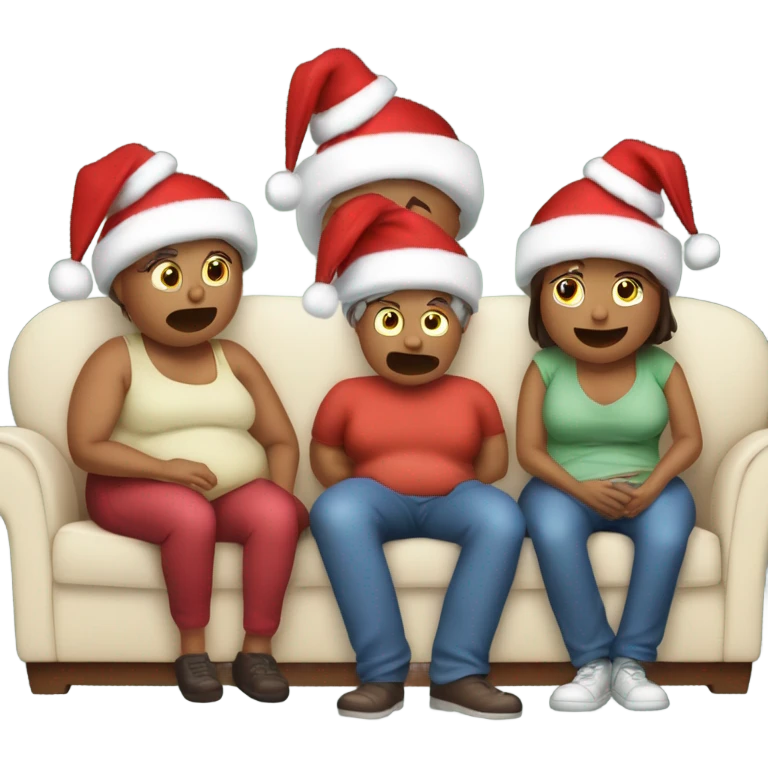 Family sitting on couch wearing Christmas hats and one person burping sleeping with fat belly’s after eating too much turkey emoji
