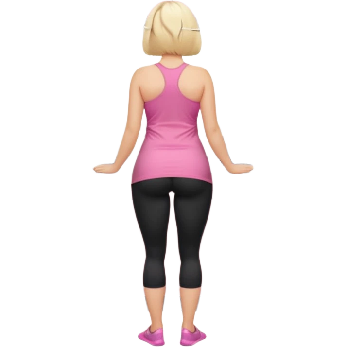 Render from knees up, view from the back, fair skinned woman, curvy, short blond hair, small reading glasses, cooking dinner in kitchen, pink loose tank top, showing natural B cup breast shape SFW, black yoga pants, large curvy booty emoji
