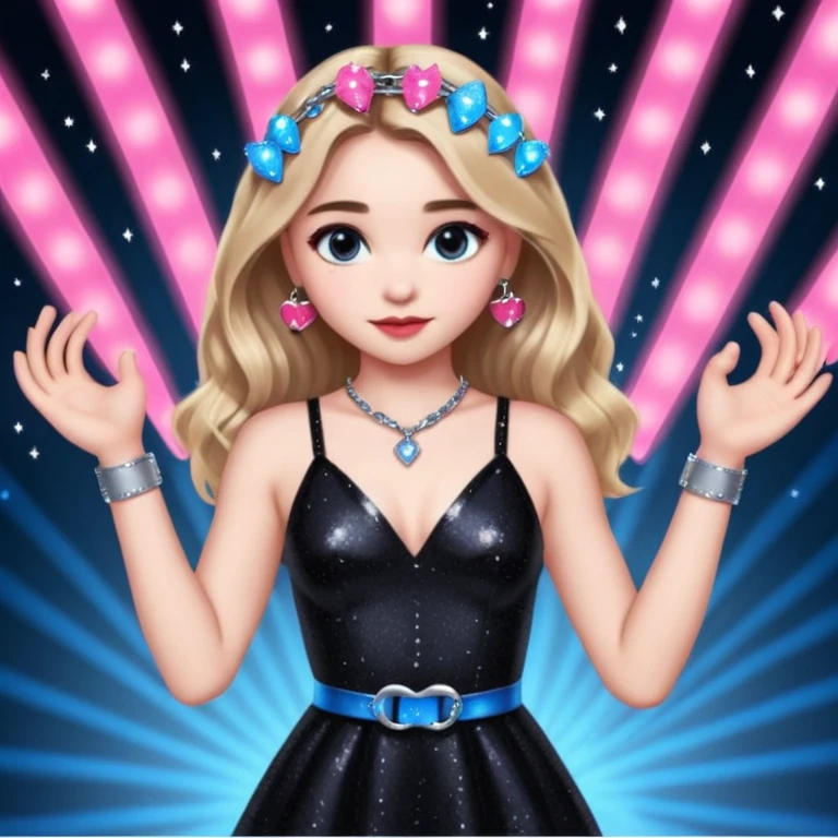 Sabrina carpenter at concert wearing a black sparkly dress with a silver sparkle v neck. she is holding up pink handcuffs. facing audience, blue and red lights setting  emoji