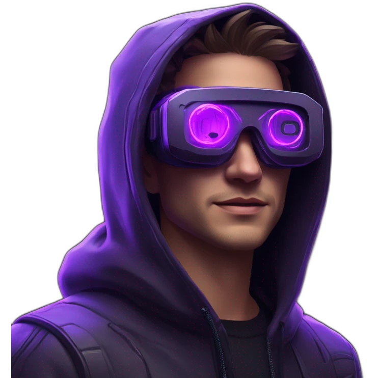 Alekséi Vorobiov wearing a black hoodie with "OMG" letters on it and VR headset in a cyberpunk VR environment with violet neon lighting. emoji