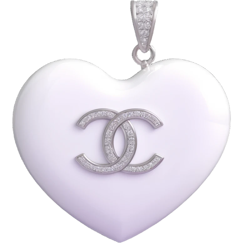 Change the glossy black heart to glossy white, keep the diamond accent and silver Chanel logo, elegant, white and silver color scheme, 3D emoji style, keep the background transparent. emoji