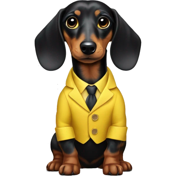 Black log haired dapple dachshund in a yellow suit emoji