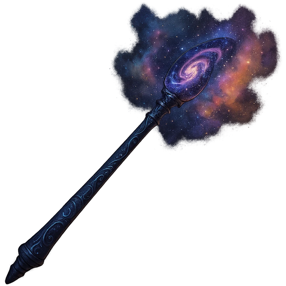 a fantasy wand with a galaxy-shaped crystal at the tip, emitting nebula clouds and stardust, magical and cosmic emoji