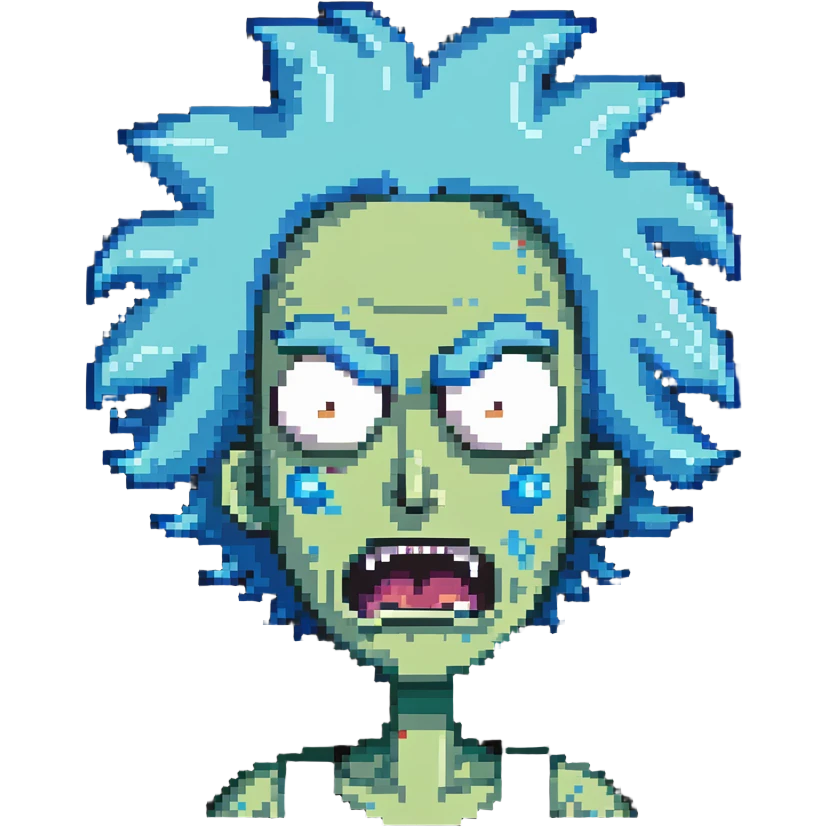 Rick from Rick and Morty with angry expression, wild blue hair, furious face emoji
