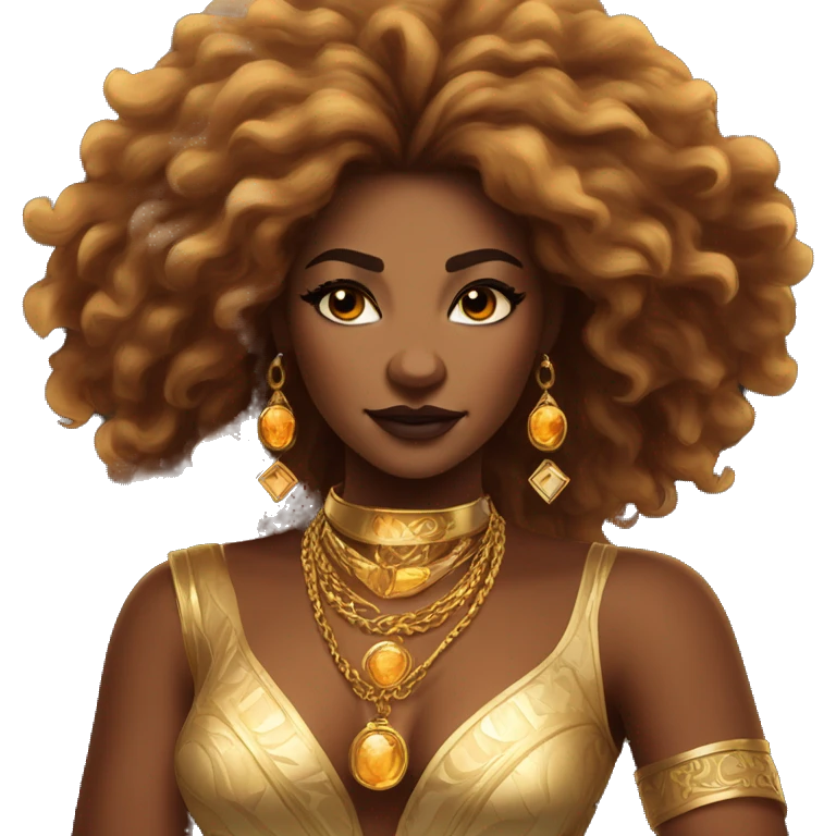 Create an emoji of a confident woman with voluminous lion-like hair, bold makeup, and gold jewelry, embodying the Leo zodiac sign with a regal expression and fiery energy. emoji