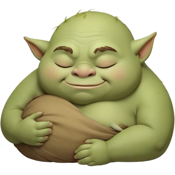 Meme-Worthy Cute Sleeping Ogre Portrait Emoji, with a surprisingly endearing, plump figure in soft earthy greens and browns, head drooping gently with closed, relaxed eyes and a content, sleepy grin, simplified yet adorably detailed, glowing with a soft warm outline that captures the peaceful slumber of a friendly ogre after a day of gentle mischief! emoji