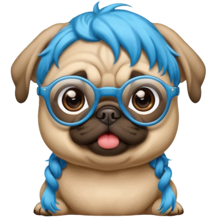 long blue haired baby pug wearing glassess emoji