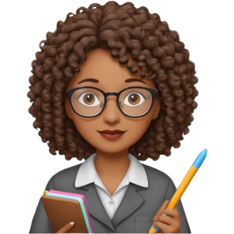 woman teacher, brown skin, curly hair, old, wearing glasses, hold chalk on hand emoji