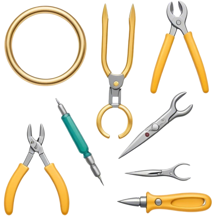 Jewelry art icon, various jewelry pieces like rings, necklaces, and bracelets in progress, visible tools such as pliers, gemstone, wire, and soldering equipment, minimalistic style, clean lines, transparent background. emoji