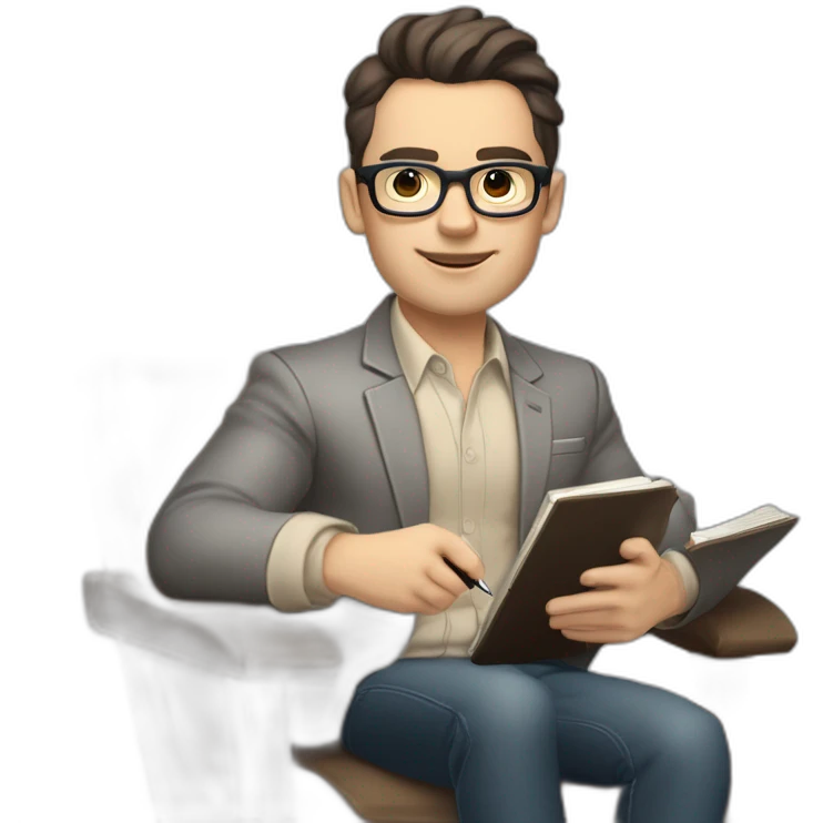 Pale skinned Fit Man With dark brown hair in gray jacket, beige office shirt and vintage glasses sitting In a soft chair with a notebook with emblem Ψ and a pen in his hands emoji