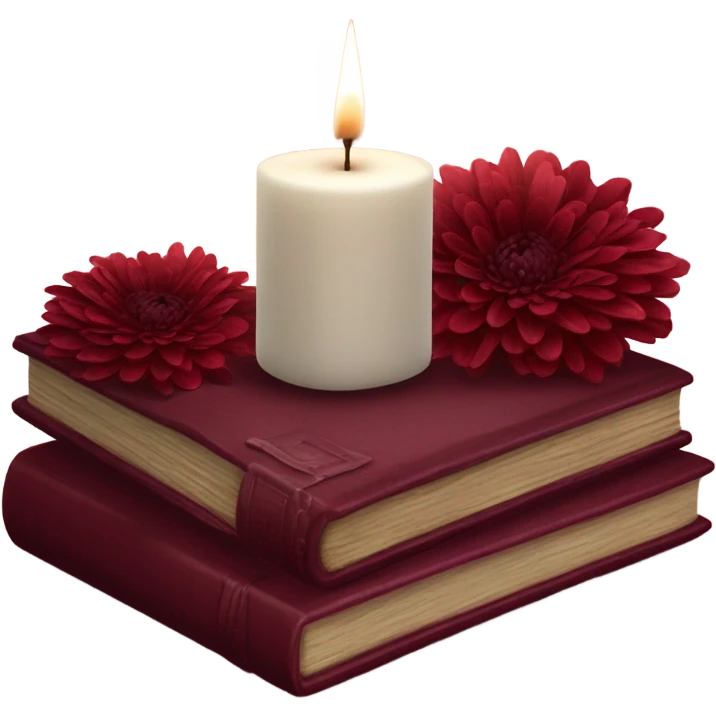 A maroon book stack adorned with ruby-red chrysanthemums and a candle emoji
