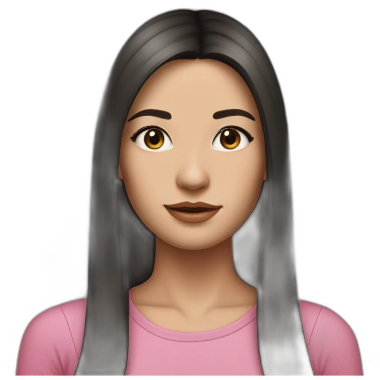 caucasian woman, with long straight hair, black  hair, brown eyes,with a pink top,hyperrealist emoji