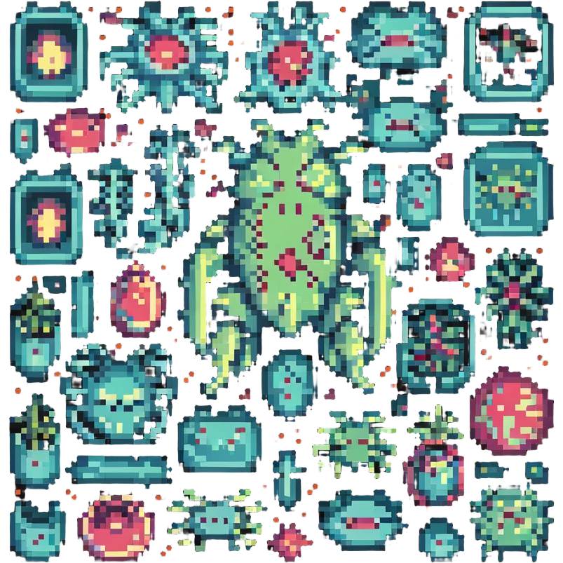 bacteria with cell organs, retro video game look, in pixel art style emoji