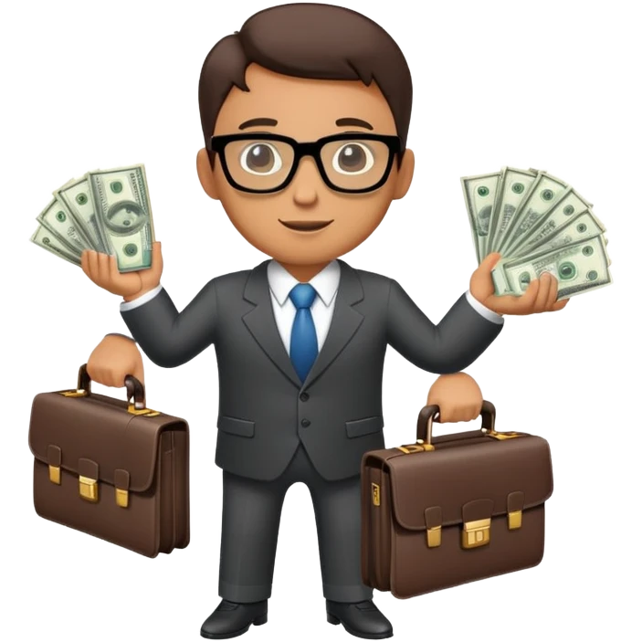 Male businessman wearing a suit and glasses holding open a briefcase showing stacks of dollar bills inside emoji