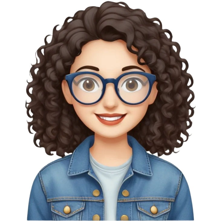 Joven mujer caucasian, cara redonda, gafas grandes rectangulares, cejas delgadas, pelo oscuro rizado largo. Sonrisa amplia, expresión feliz. Chaqueta de mahón. emoji