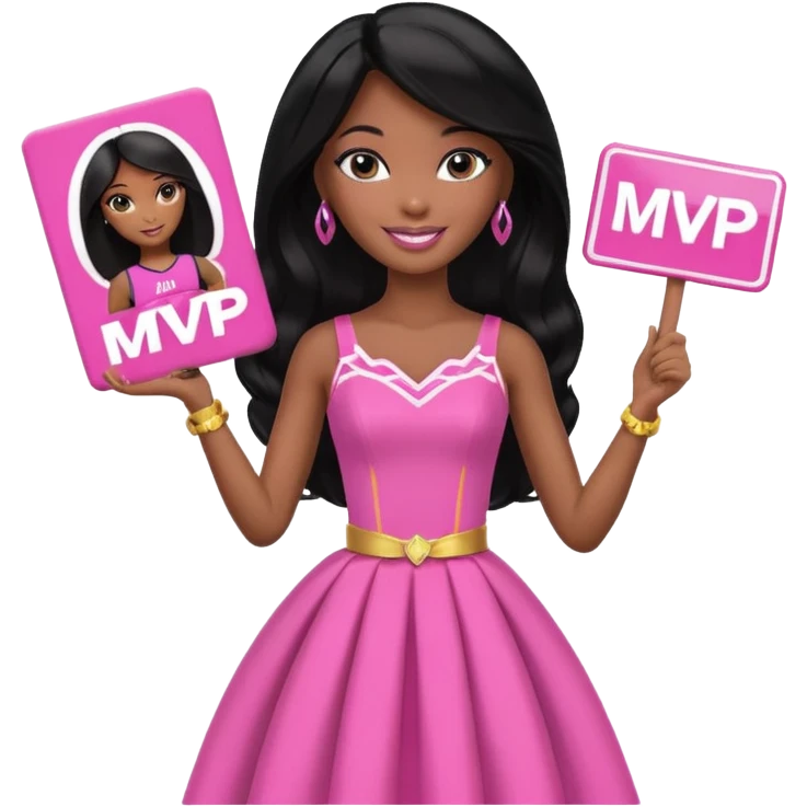 Black barbie, long black  hair, pink dress holding mvp sign  emoji