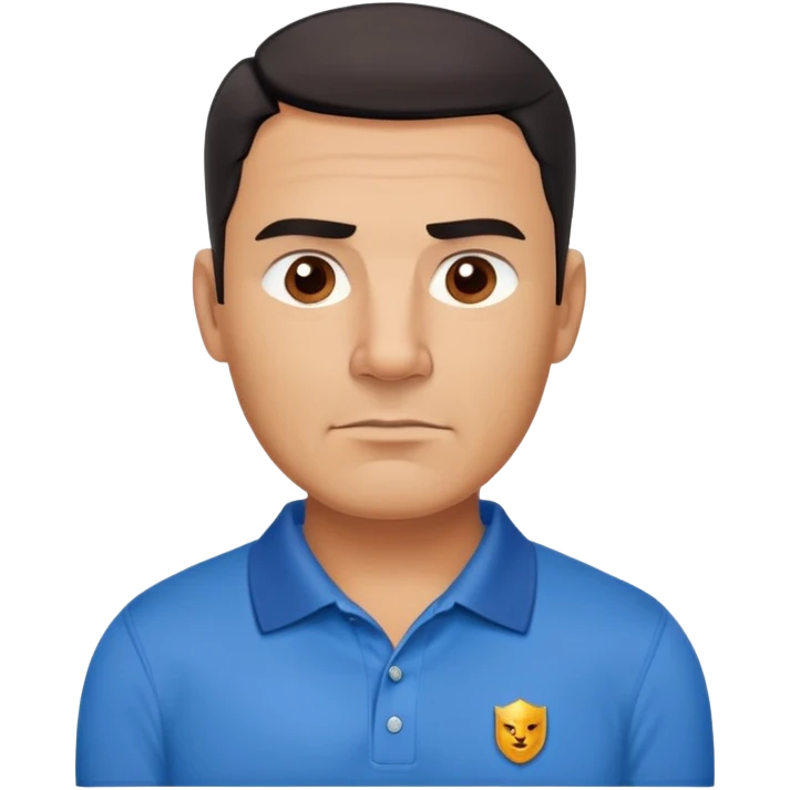 Strong built middle-aged Hispanic man with tan complexion, square masculine face with defined jawline, short black hair with clean fade cut, medium dark brown eyes, thick eyebrows, wide nose, neutral expression, wearing blue polo shirt emoji