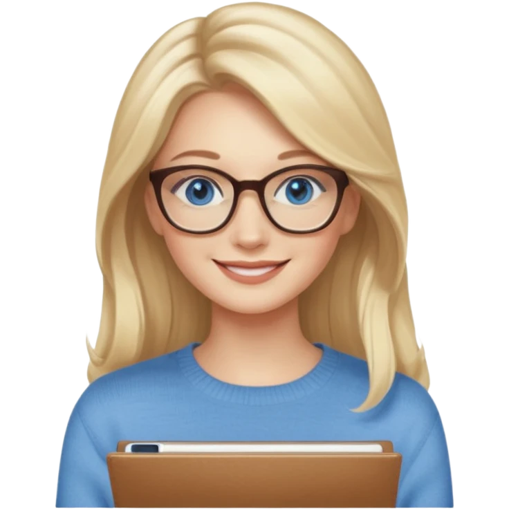 hyper realistic glamourous pale woman, Long blonde balayage hair, smiling, beige sweater, blue eyes and glasses emoji