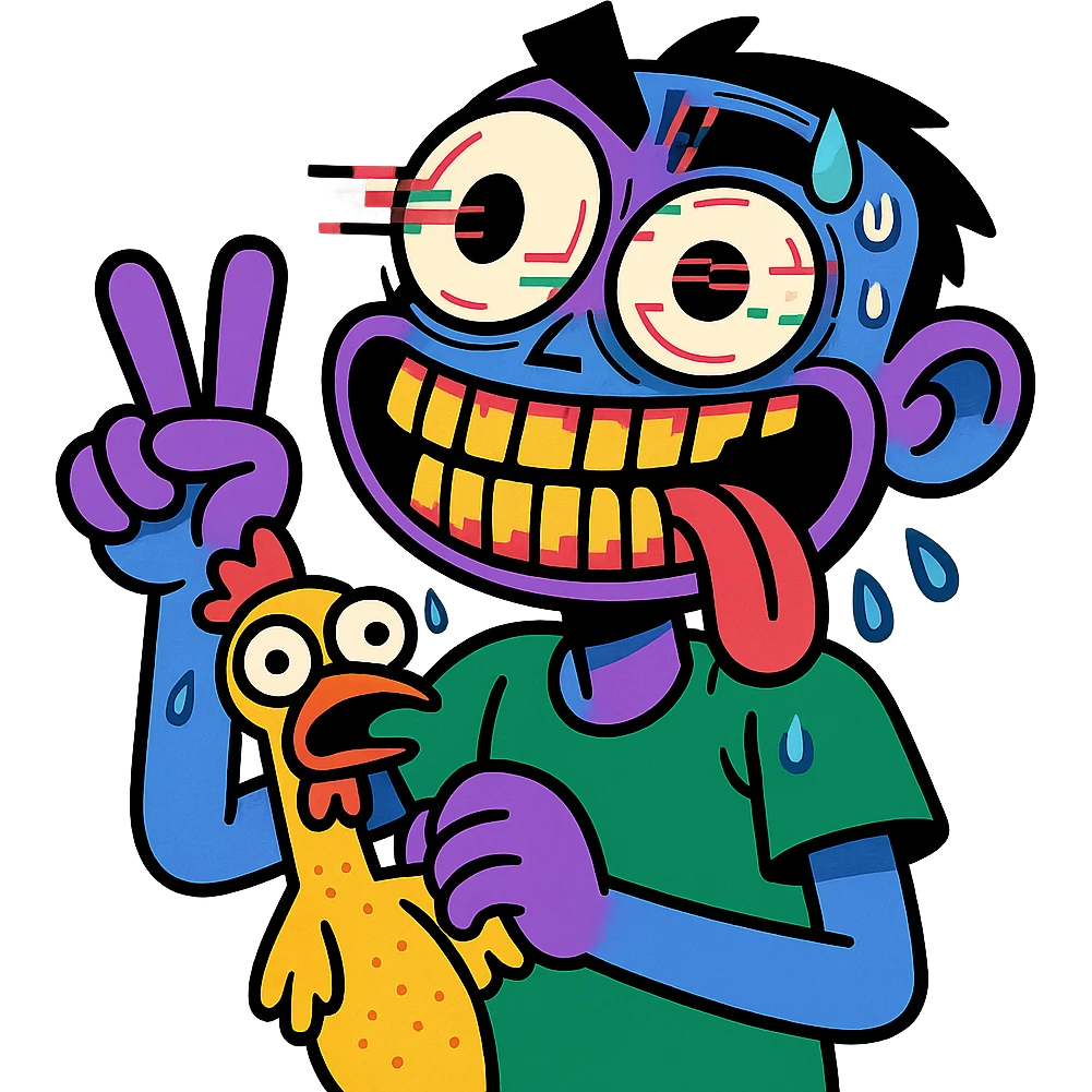 bulging eyes, unhinged grin, too many teeth, one eyeball twitching, tongue out sideways, sweating, glitching, peace sign, holding cursed rubber chicken emoji