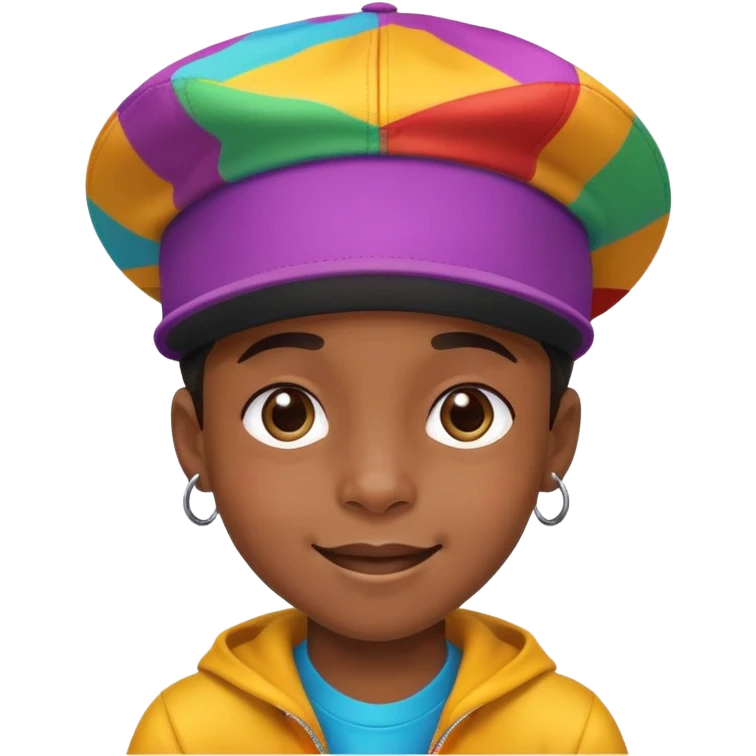 black kid with a colorful hiphop hat, happy face emoji