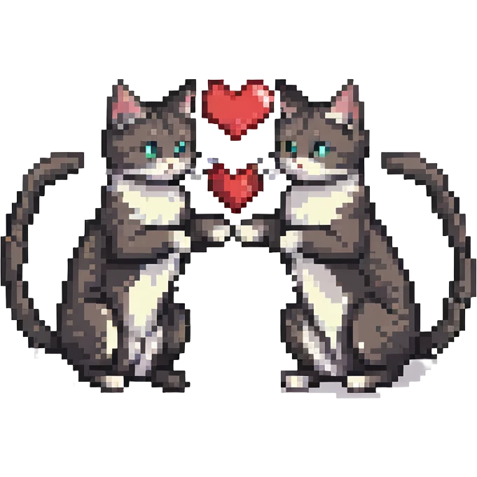 two cats in love sitting close with tails forming a heart, pixel art style emoji