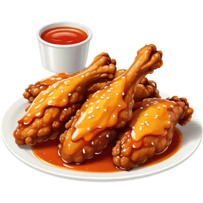 Cinematic crispy chicken wings, golden-brown and glazed with spicy sauce, crunchy coating, juicy inside, piled high with dipping sauce on the side, ultra-realistic and mouthwatering, inviting and bold. emoji