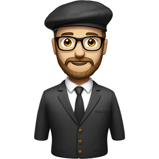 man, long brown beard, white skin, suit, brow shoes, glasses, beret hat emoji