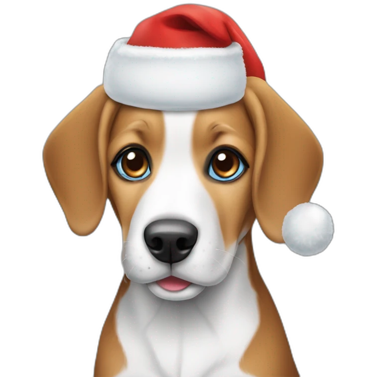 A cute beagle with very bright blue eyes wearing a santa hat emoji