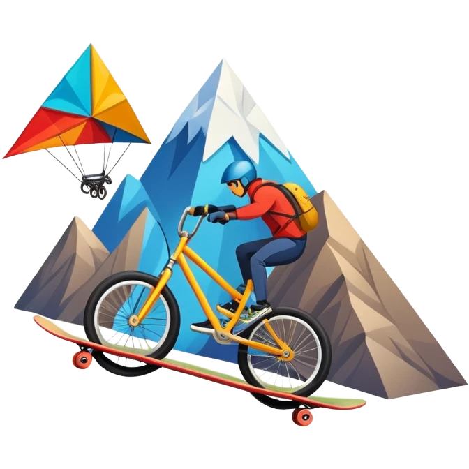 An emblem-style design representing extreme sports and lifestyle, featuring symbols of adventure such as a mountain, a skateboard, a kite, and a bike. The design is bold and dynamic, with sharp lines and energetic colors, capturing the essence of thrill, freedom, and adrenaline. emoji