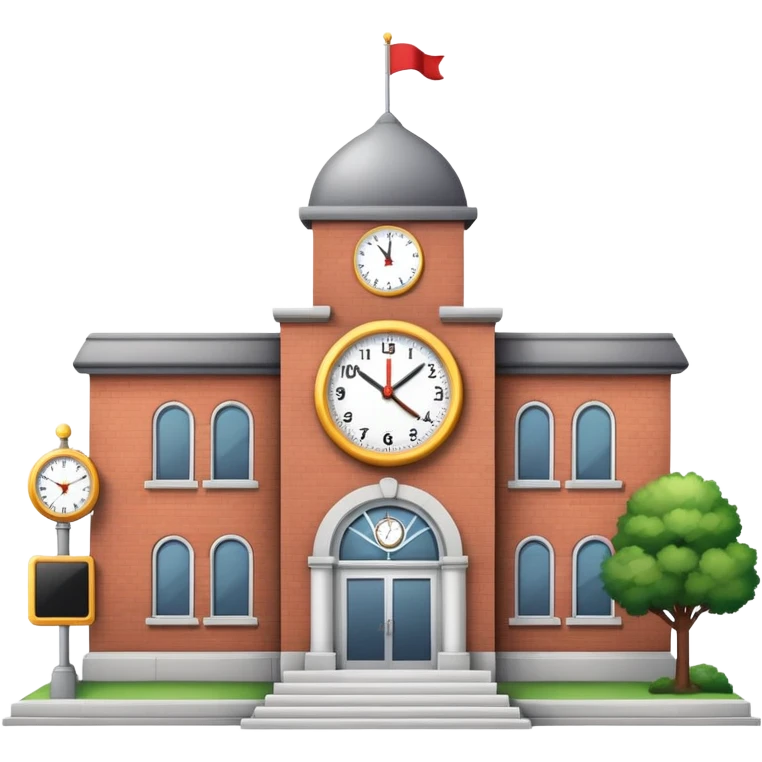 School building with clock on front and flagpole emoji