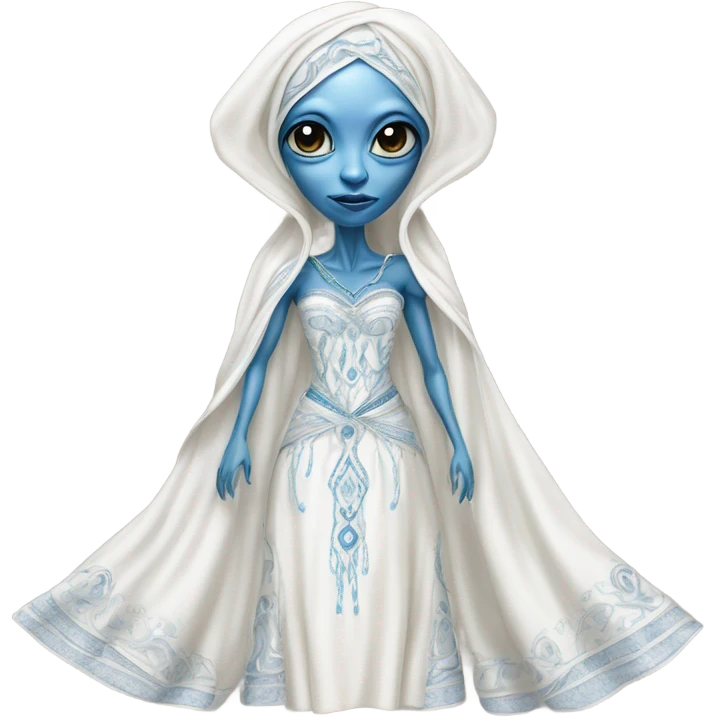 a blue alien woman full body in white Romanov dress emoji