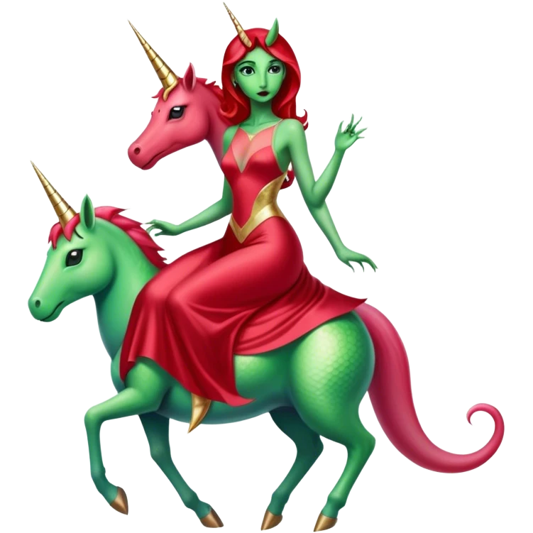 reptilian green alien woman, in long slim pastel red formal party satin dress with gradient shiny sparkling dark red, rides unicorn gold and white
 emoji