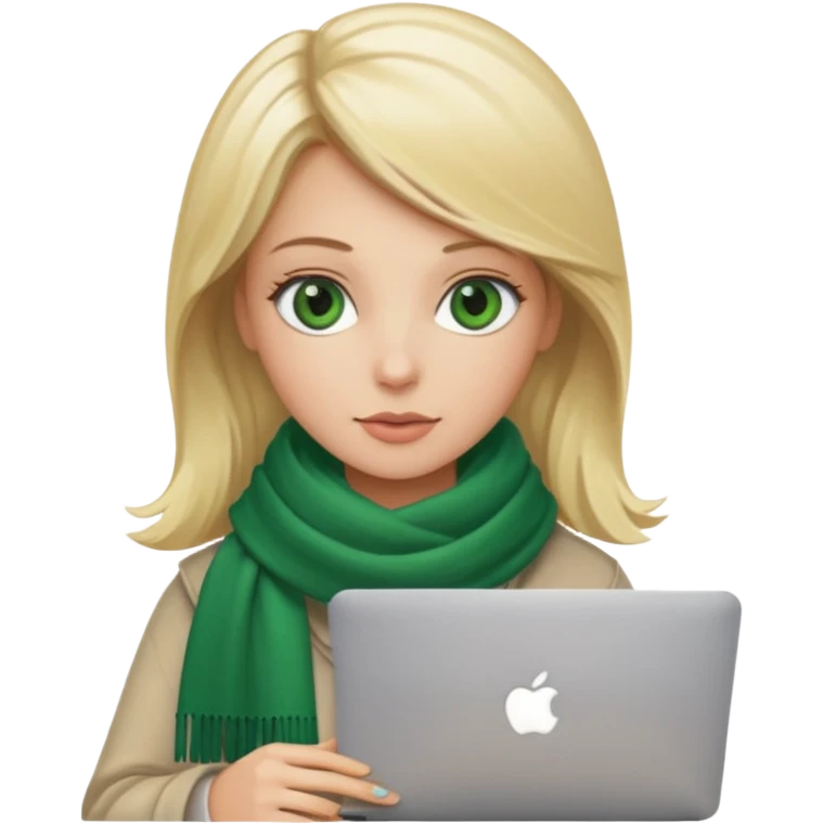 blond women skine , with green eyes , with scarf . with macbook emoji