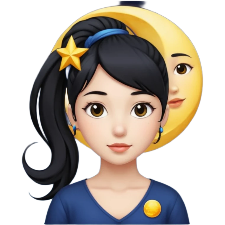 girl with black ponytail, sun, moon, star emoji